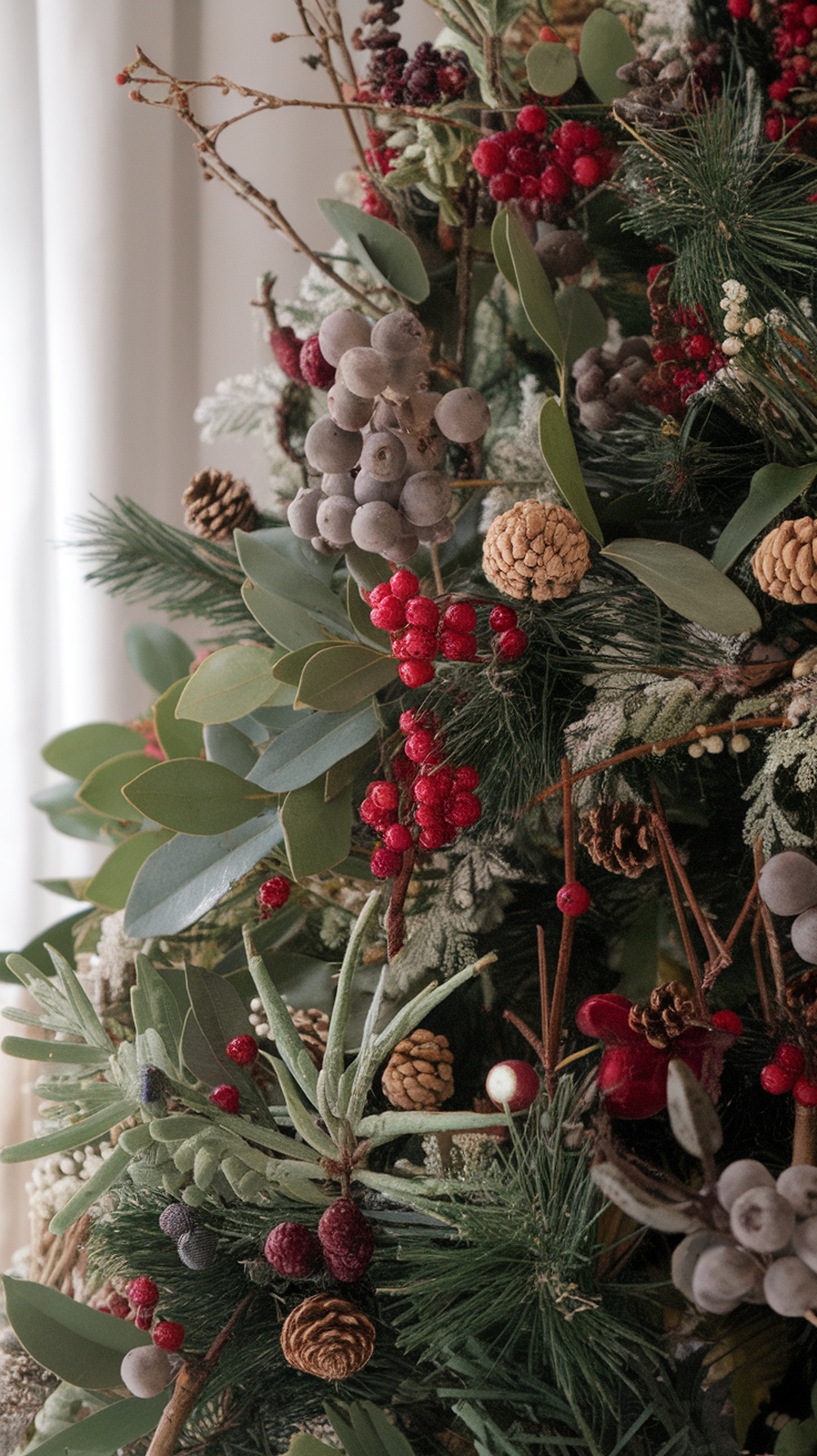 A close-up of a Christmas tree decorated with pine branches, red berries, and pinecones.