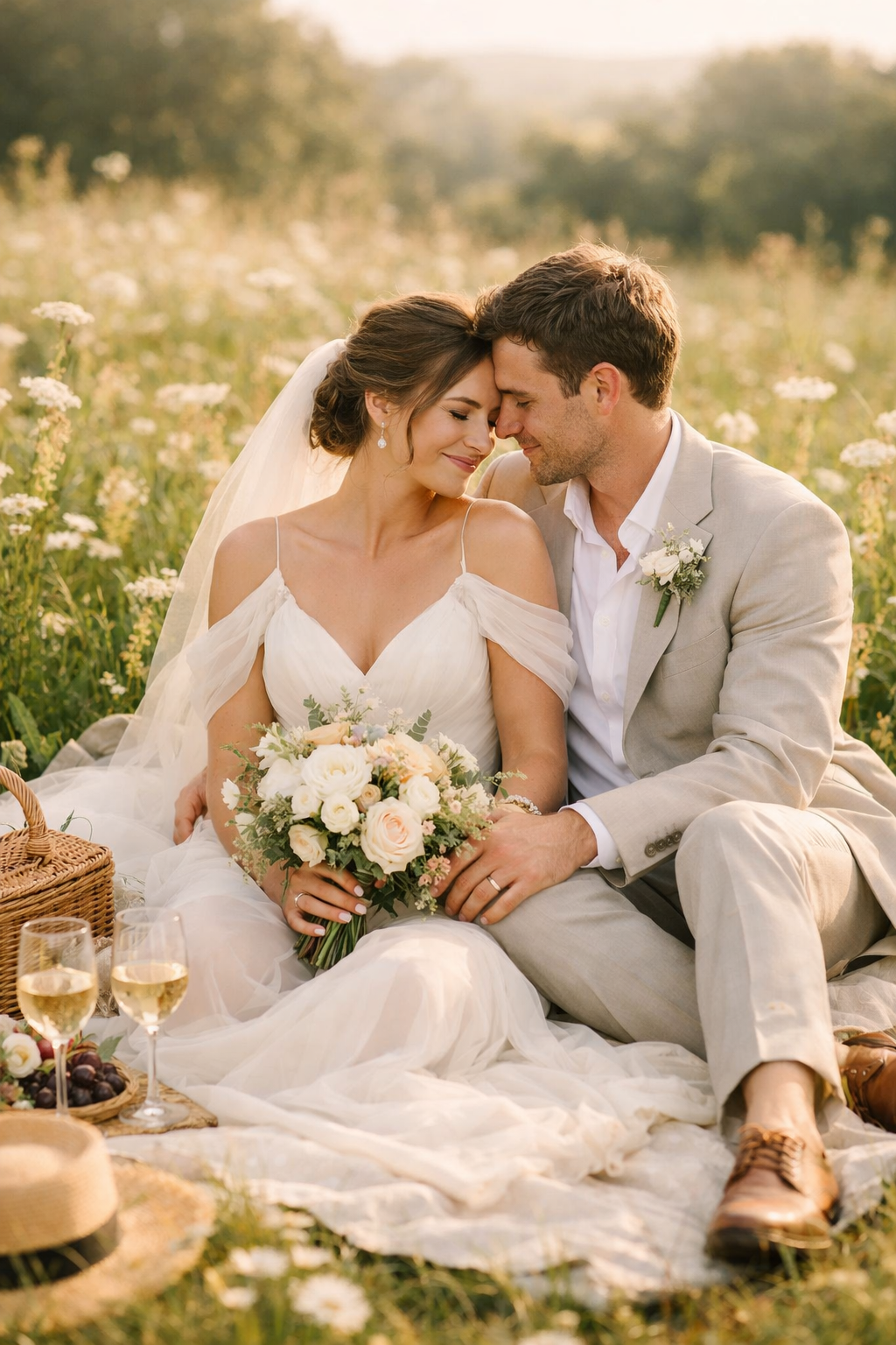 A couple sitting together in a field, surrounded by flowers, enjoying a picnic with wine and a bouquet.