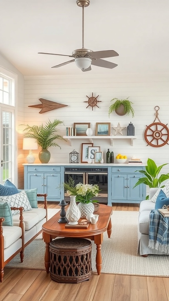 Cozy coastal living room with nautical-inspired decor, featuring blue accents, wooden elements, and plants.
