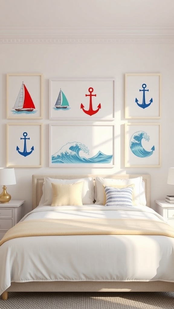 A collection of nautical-themed prints featuring sailboats, anchors, and waves, displayed above a bed in a bright room.