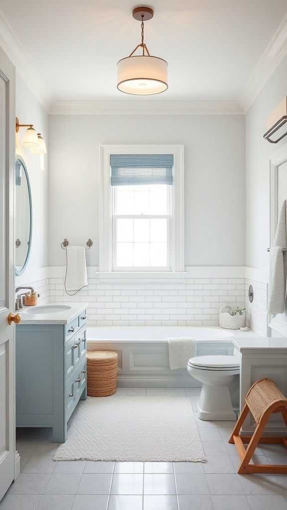 A bright bathroom featuring blue cabinetry, white tiles, and woven baskets for storage.