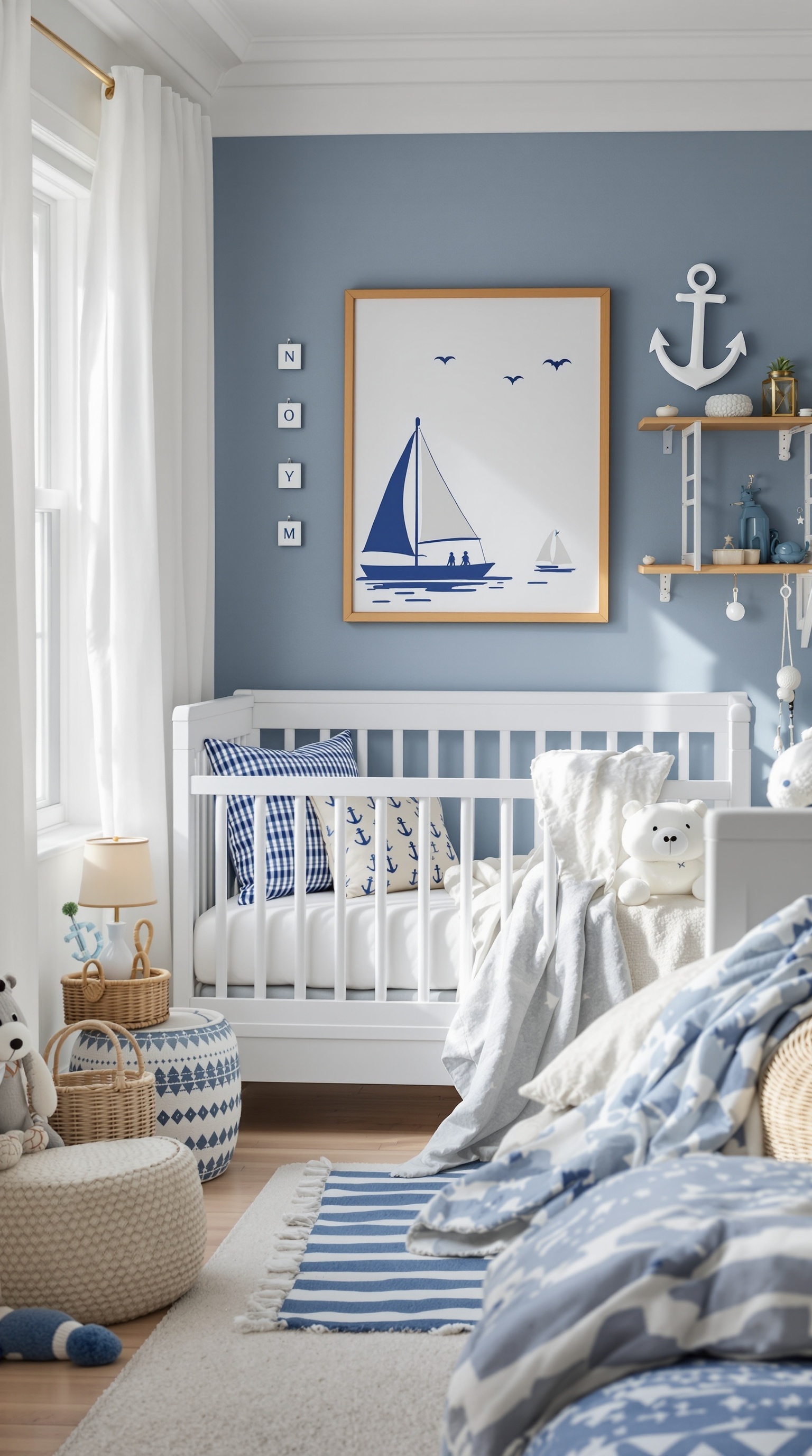A baby boy's bedroom with nautical decor featuring blue walls, sailboat artwork, and cozy crib.