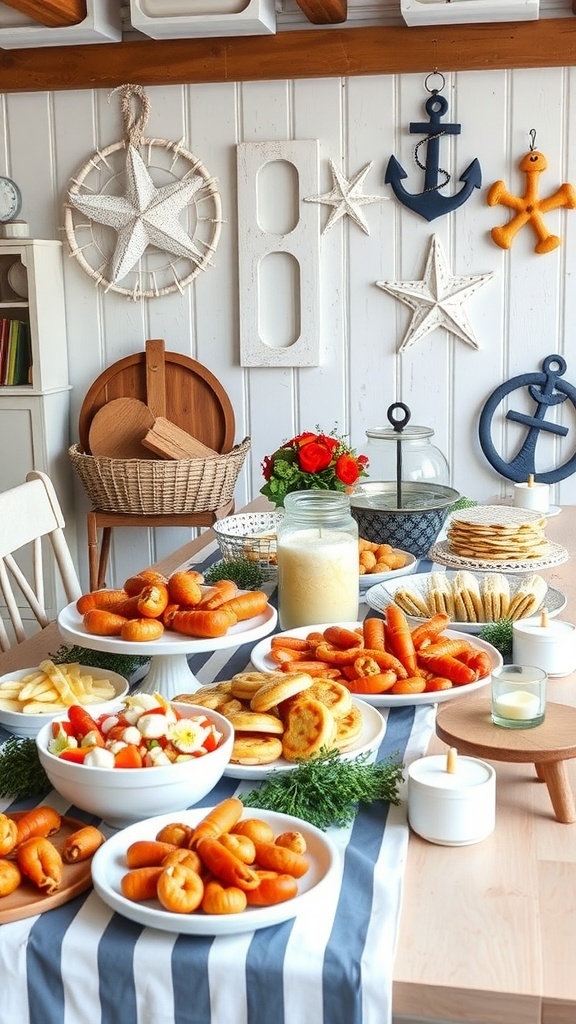 A beautifully arranged table for a nautical themed bridal shower featuring various foods and beach-themed decorations