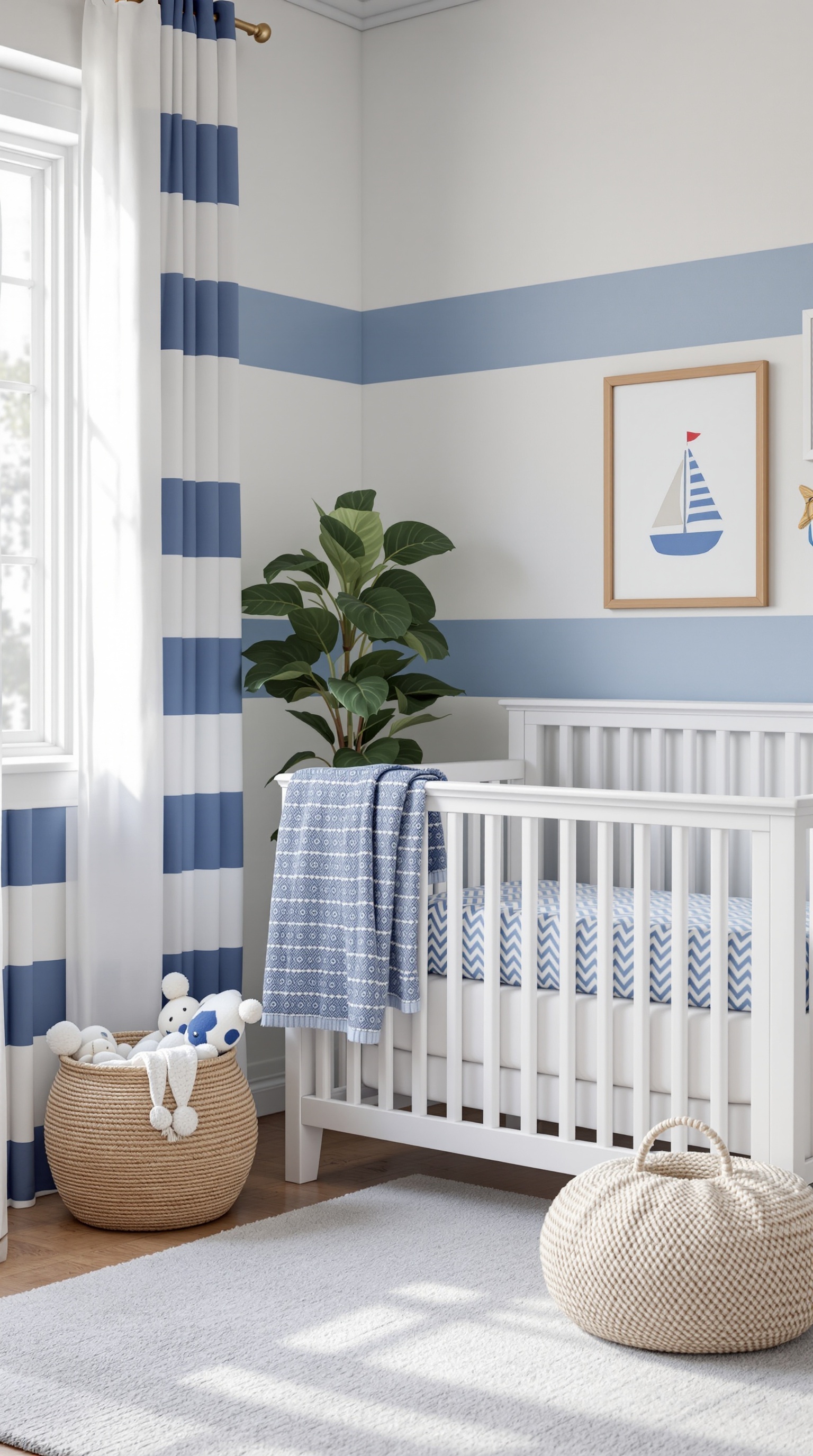 A baby nursery with a nautical theme featuring blue and white striped curtains, a crib with a patterned blanket, and nautical-themed wall art.