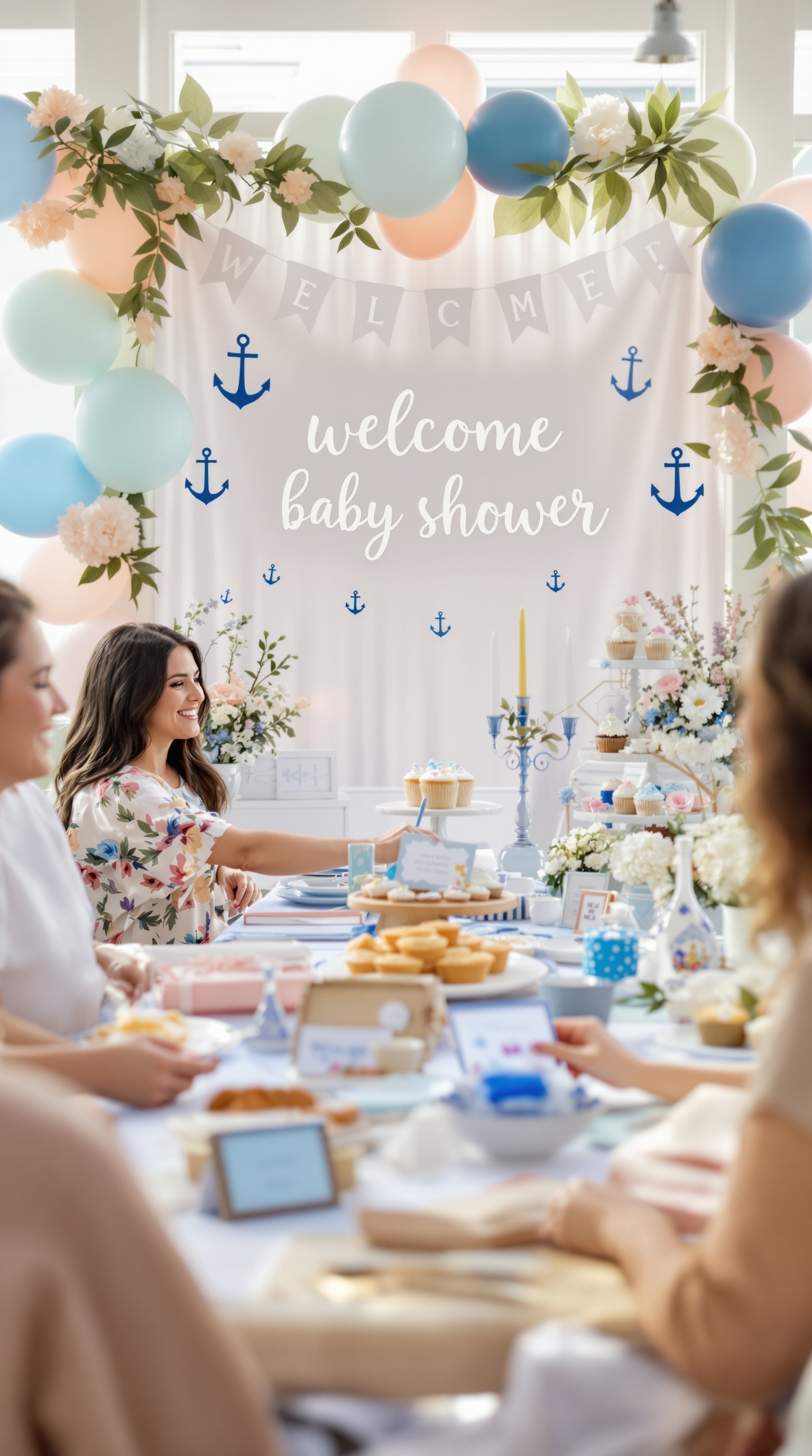 A nautical-themed baby shower welcome sign with balloons and floral decorations.