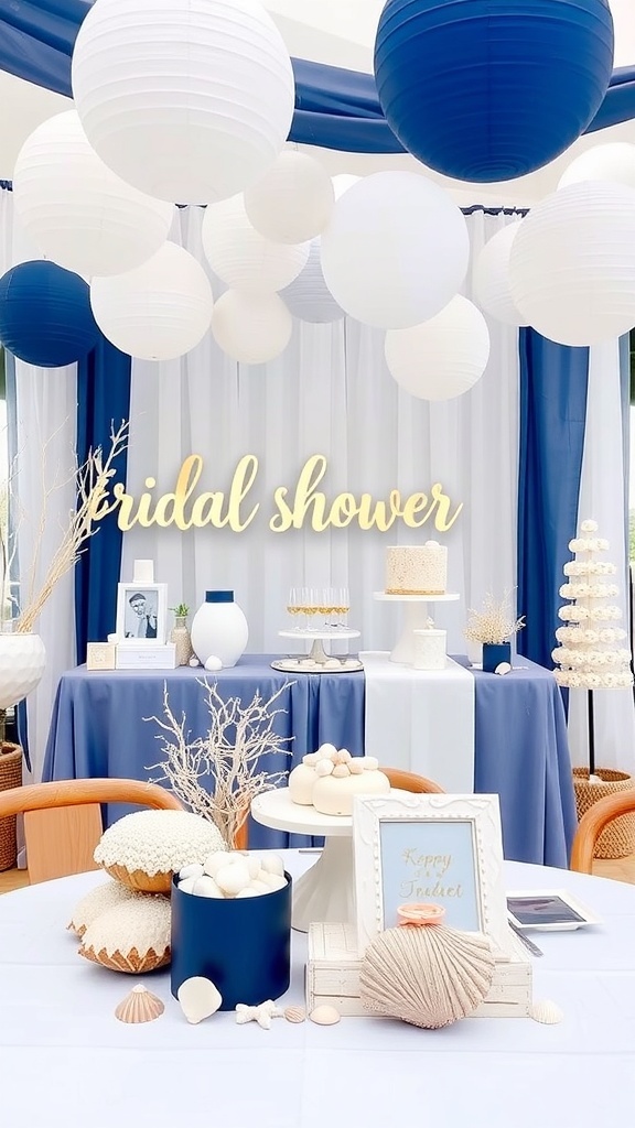 A styled bridal shower setup with nautical coastal vibes featuring blue and white decorations, tables adorned with seashells and cake.