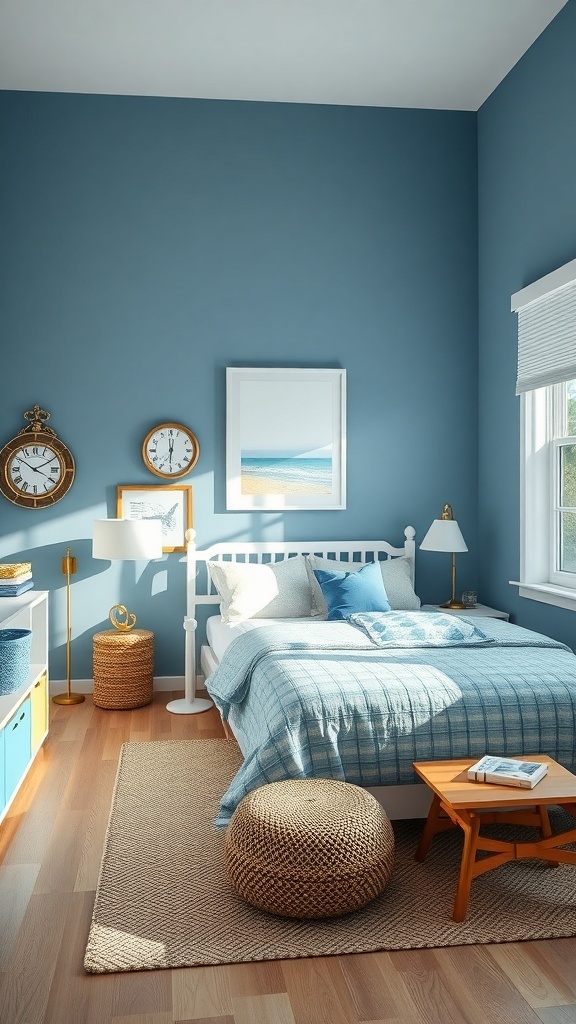 A coastal teen bedroom featuring a nautical color palette with blue walls and light blue bedding.