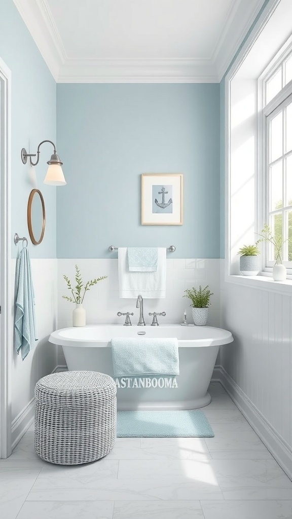 A coastal bathroom featuring light blue walls, a white freestanding tub, and nautical decor.