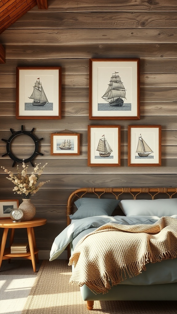 A cozy bedroom featuring vintage boat illustrations framed on a wooden wall.