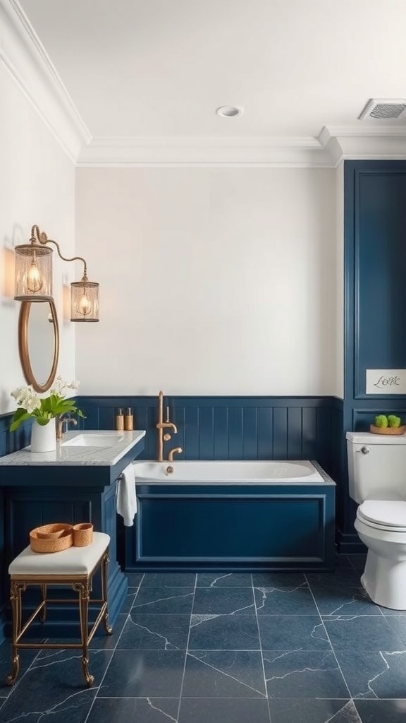 A stylish bathroom featuring navy blue accent walls, gold fixtures, and a modern design.
