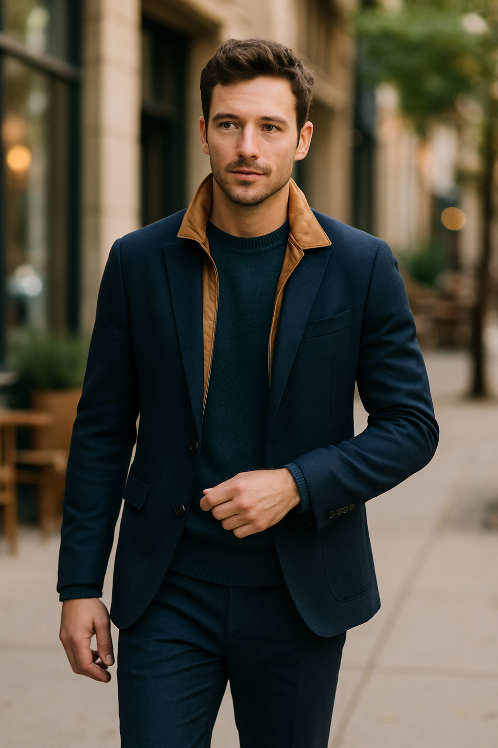 A man walking in a navy blue suit with a contrasting collar, showcasing modern style.