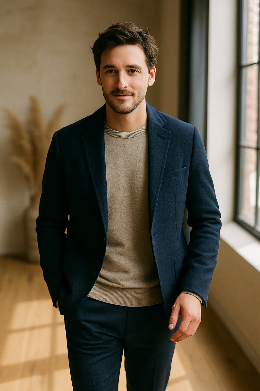 A man in a navy blue suit with a casual sweater, showcasing a modern and stylish look.