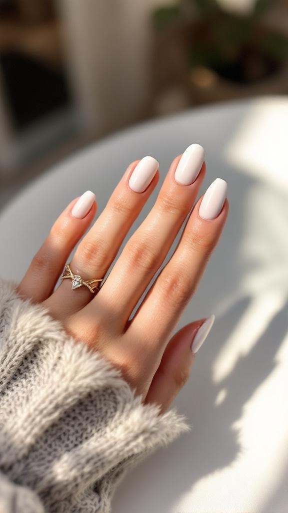 A hand with negative space white nails, wearing a gold ring, resting on a soft surface.