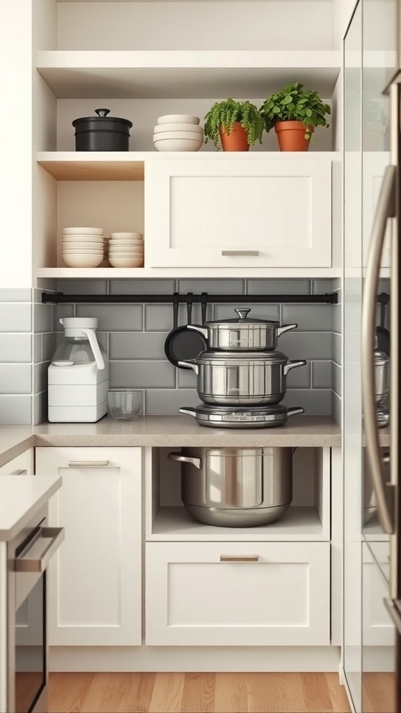 A modern kitchen with nesting cookware, showcasing pots stacked neatly on a countertop with open shelves above.