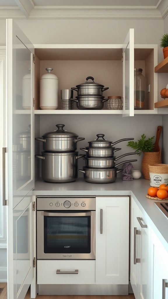A neatly organized kitchen cabinet with stacked pots and pans, showcasing nesting kitchenware for space saving.