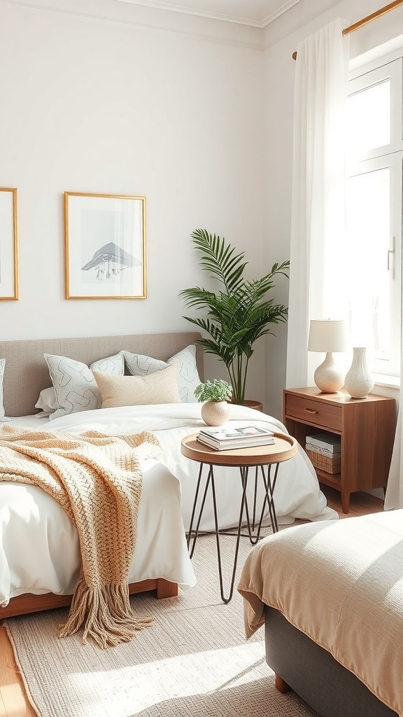 A cozy bedroom with a bed, a nesting table beside it, and decorative elements like a plant and artwork.