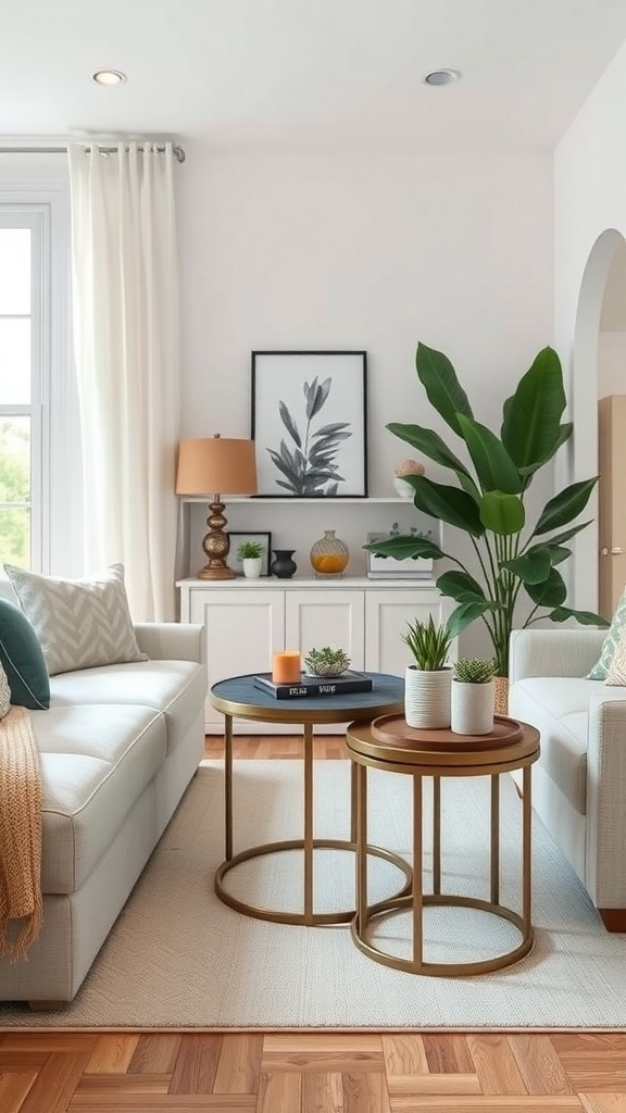 A cozy living room with two nesting tables, one black and one wooden, surrounded by plants and decorative items.