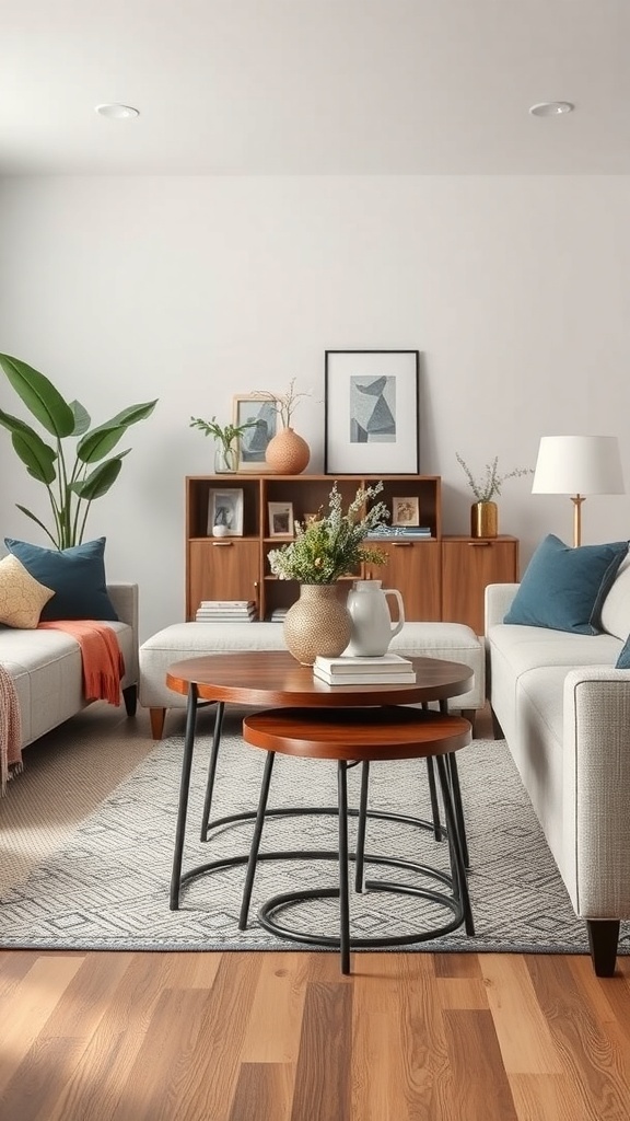 A cozy living area featuring nesting tables, a plant, and decorative items.