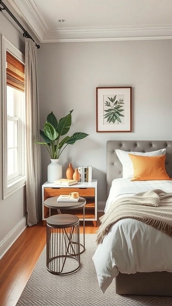 A cozy bedroom featuring nesting tables beside a bed, with a plant and decorative items.