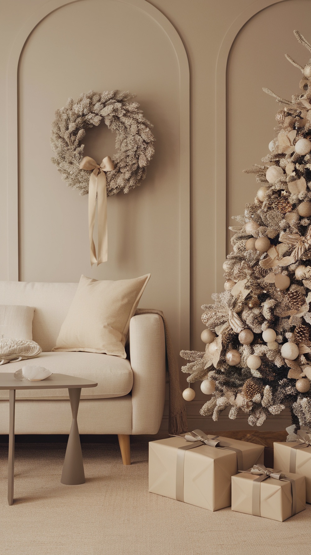 A cozy living room decorated for Christmas with a neutral color palette, featuring a Christmas tree, a wreath, and wrapped gifts.