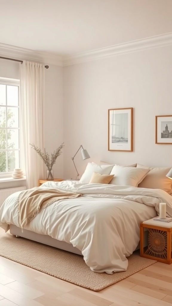 A modern farmhouse bedroom featuring a neutral color palette with soft whites and beiges.