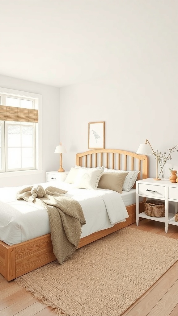 A cozy farmhouse bedroom featuring a neutral color palette with a wooden bed, soft bedding, and a woven rug.