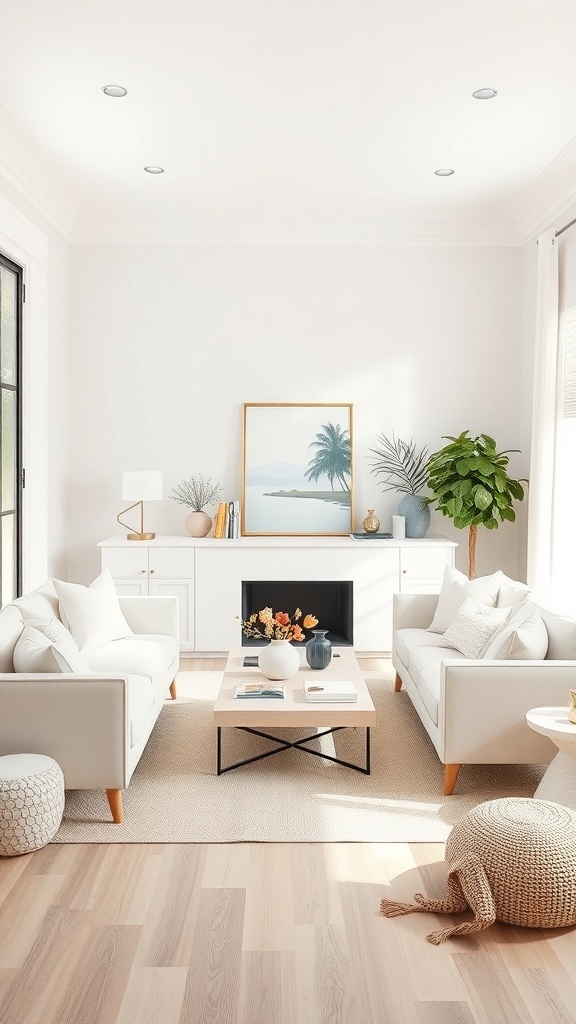 A cozy living room featuring a neutral color palette with light furniture, wooden accents, and green plants.