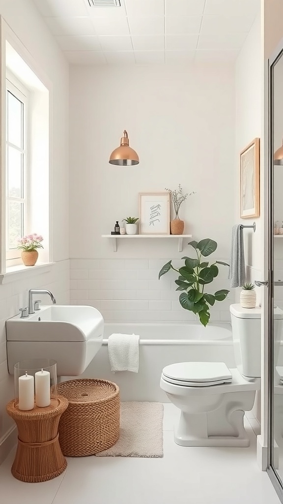 A minimalist small bathroom featuring neutral colors, plants, and natural materials.