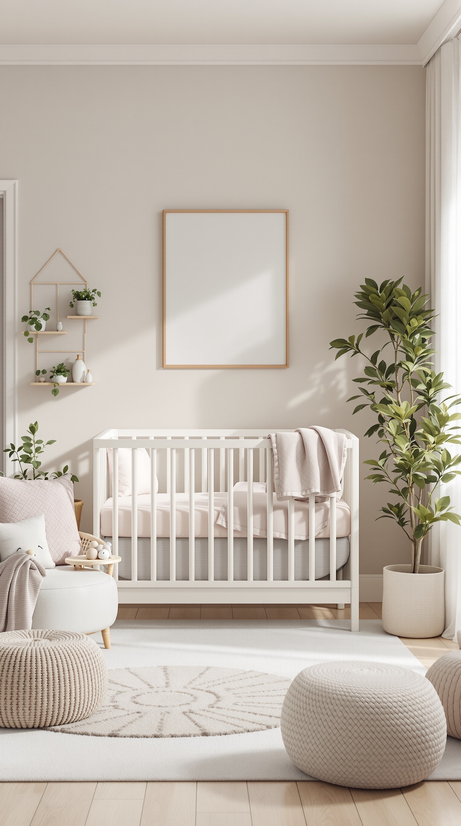 A neutral-colored baby room featuring a white crib, soft beige walls, and cozy decor elements.