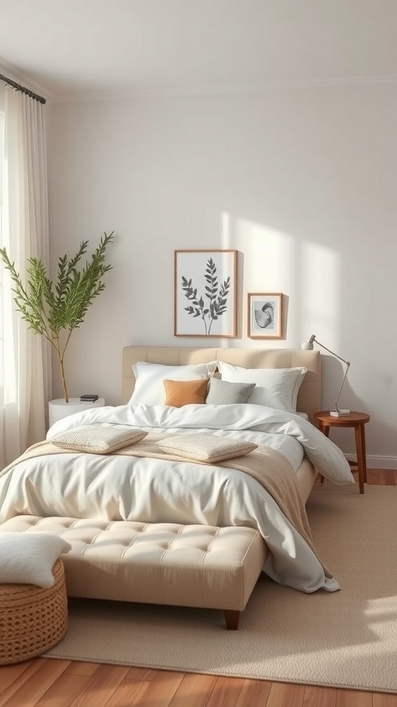 A serene bedroom with neutral colors, featuring a cozy bed, soft fabrics, and a plant.