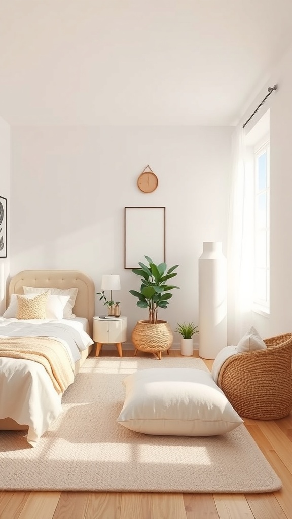 A minimalist teen bedroom featuring neutral colors, a cozy bed, and natural decor elements.