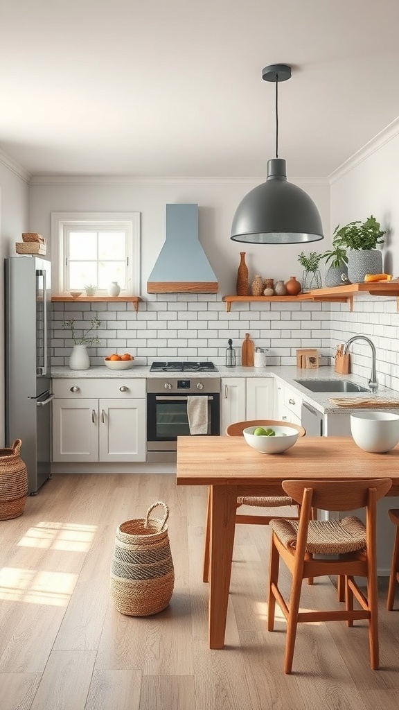 A rustic modern kitchen featuring neutral colors, light wood accents, and a soft blue range hood.