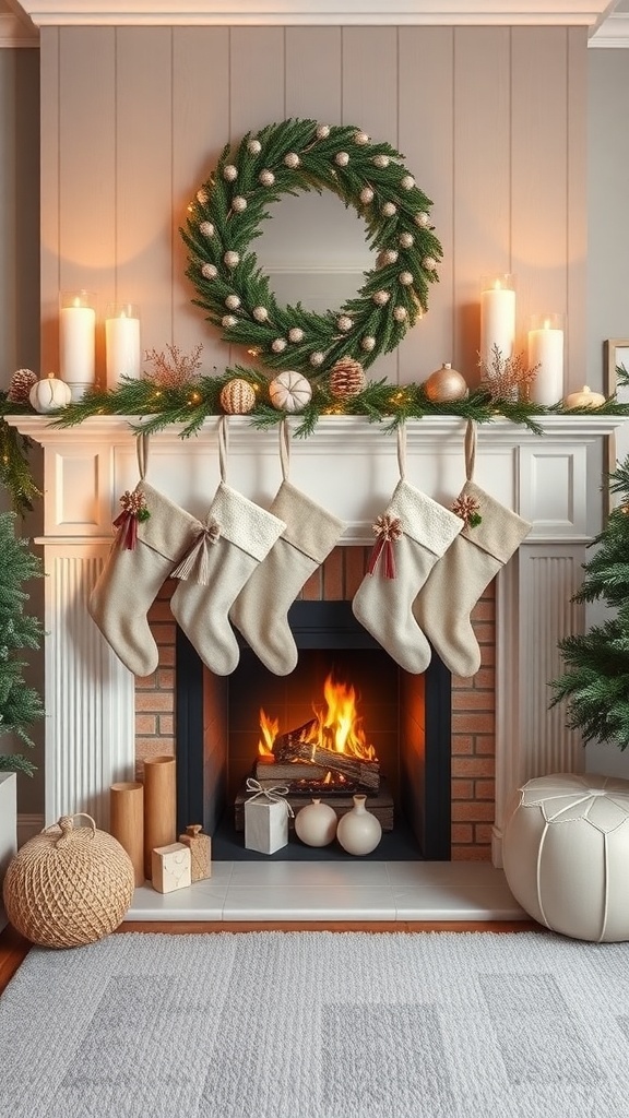 A cozy fireplace decorated with neutral color stockings, a wreath, and candles, creating a warm holiday atmosphere.