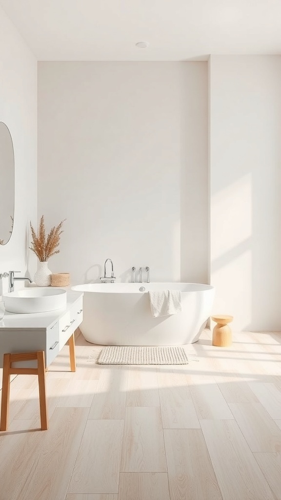 A minimalist bathroom featuring light wood flooring, a freestanding bathtub, and a simple vanity.