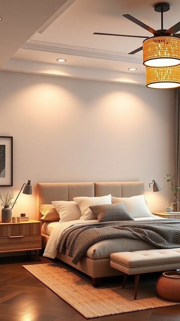 A neutral bedroom featuring a ceiling fan with a woven shade, recessed lights, and stylish bedside lamps.