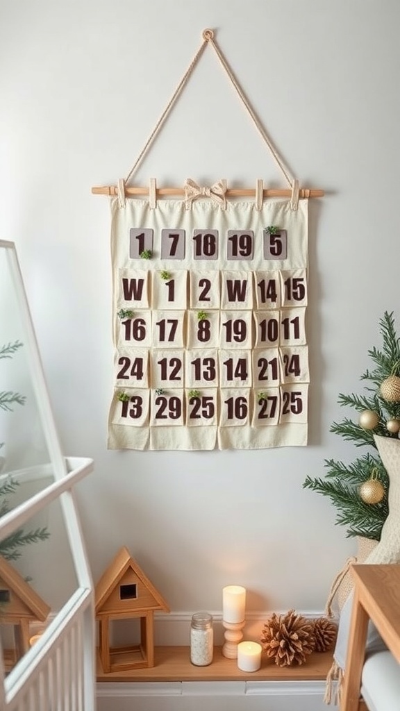 A neutral themed advent calendar with numbered pockets and greenery accents, displayed on a wall with candles and a birdhouse below.