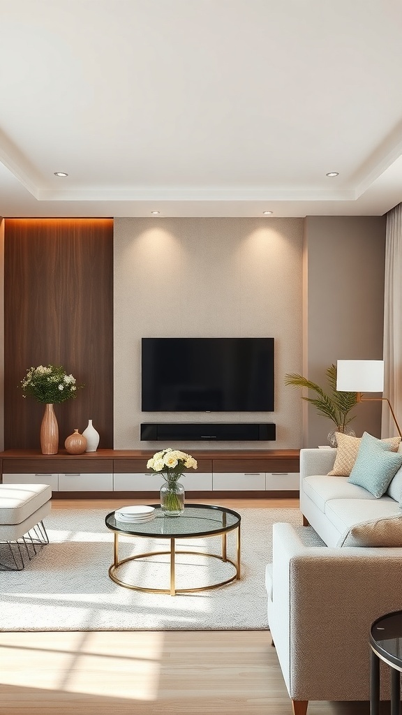 Living room with a neutral toned accent wall and a mounted TV, featuring warm wood tones and stylish decor.