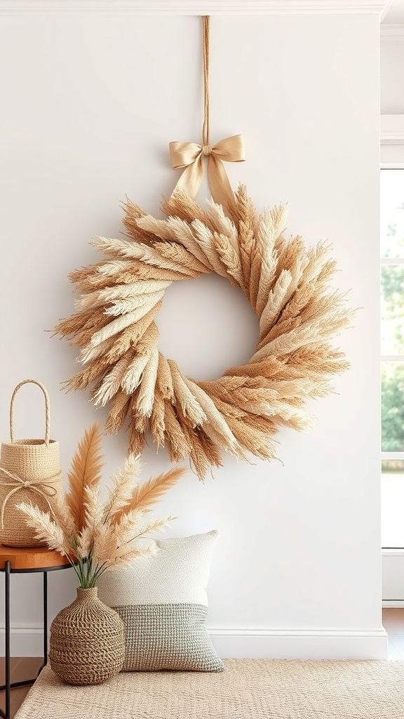 A neutral tones rag wreath made of dried grasses, hanging on a wall with a soft bow.