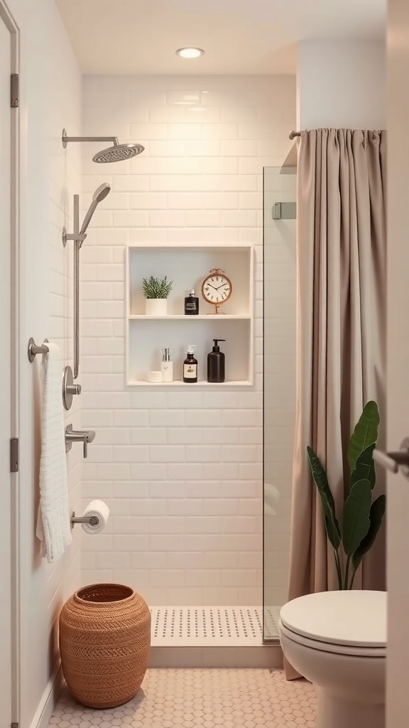 A modern bathroom shower featuring niche shelving for storage, white tiles, and decorative items.