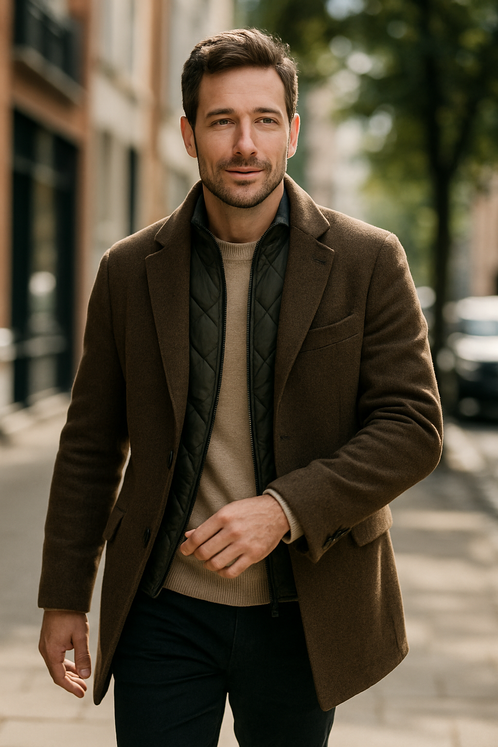 A stylish outfit featuring beige cargo pants, a fitted top, and a chic jacket, perfect for a night out.