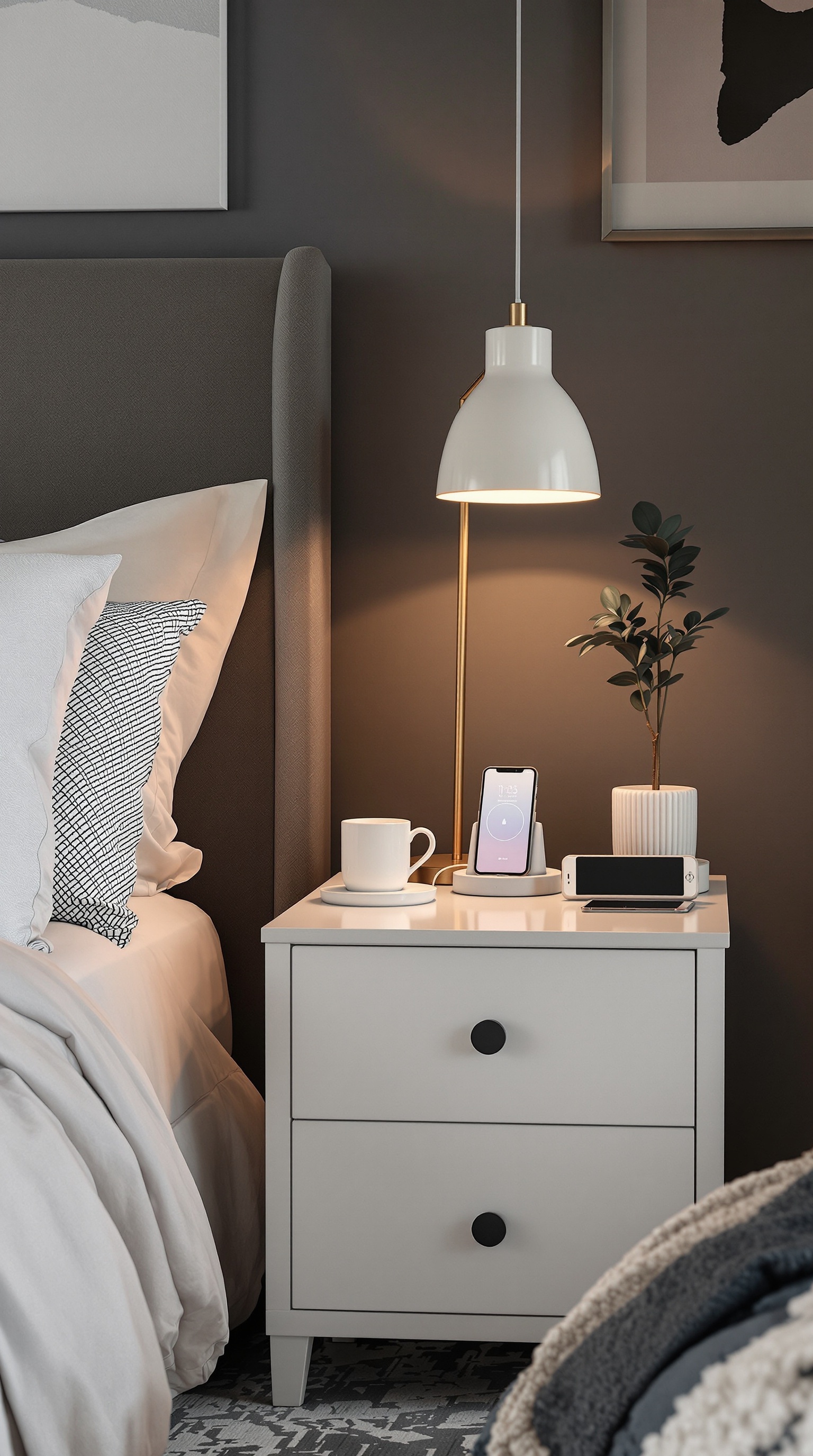 A modern nightstand featuring a lamp, a small plant, a wireless phone charger, and a cup.