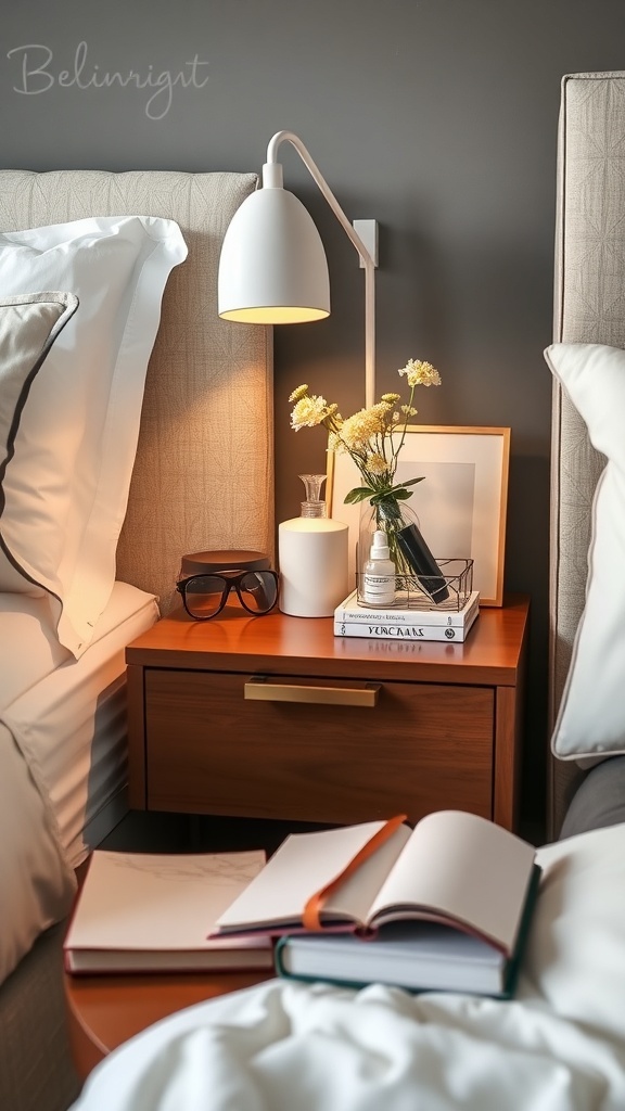 A well-organized nightstand with a lamp, flowers, glasses, and books.