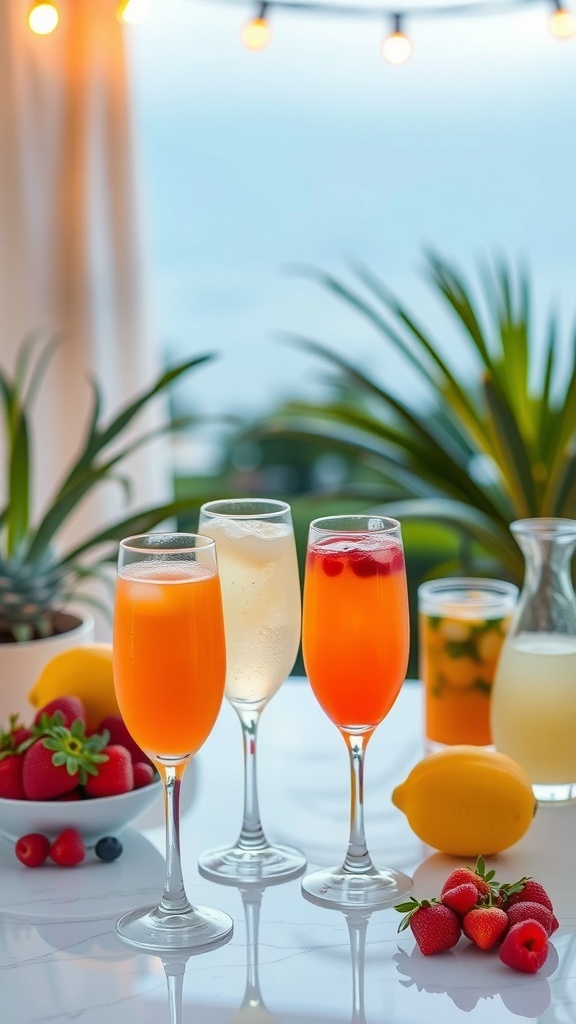 A vibrant non-alcoholic mimosa bar featuring colorful drinks, fresh fruits, and an inviting atmosphere.
