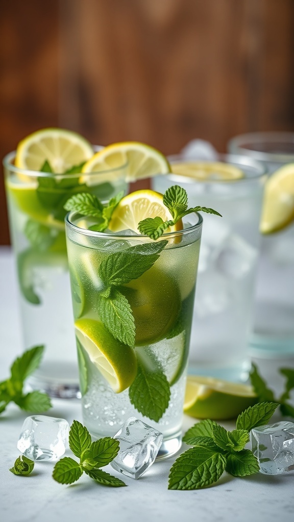 A refreshing non-alcoholic mojito drink station with lime and mint