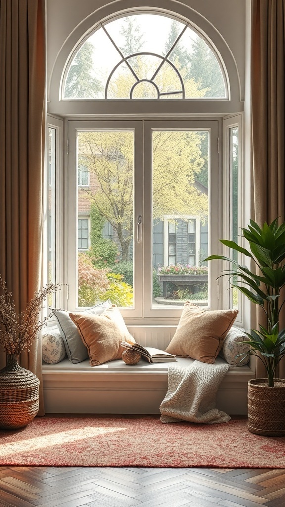 A cozy reading nook by a window with cushions, a book, and a view of nature.