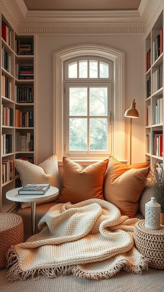 Cozy reading nook with plush pillows, a blanket, and a window.
