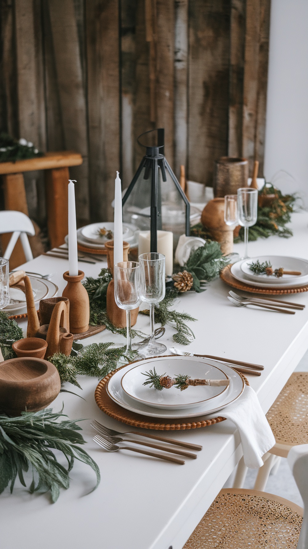 A Nordic-inspired table setting with greenery, candles, and wooden decor.