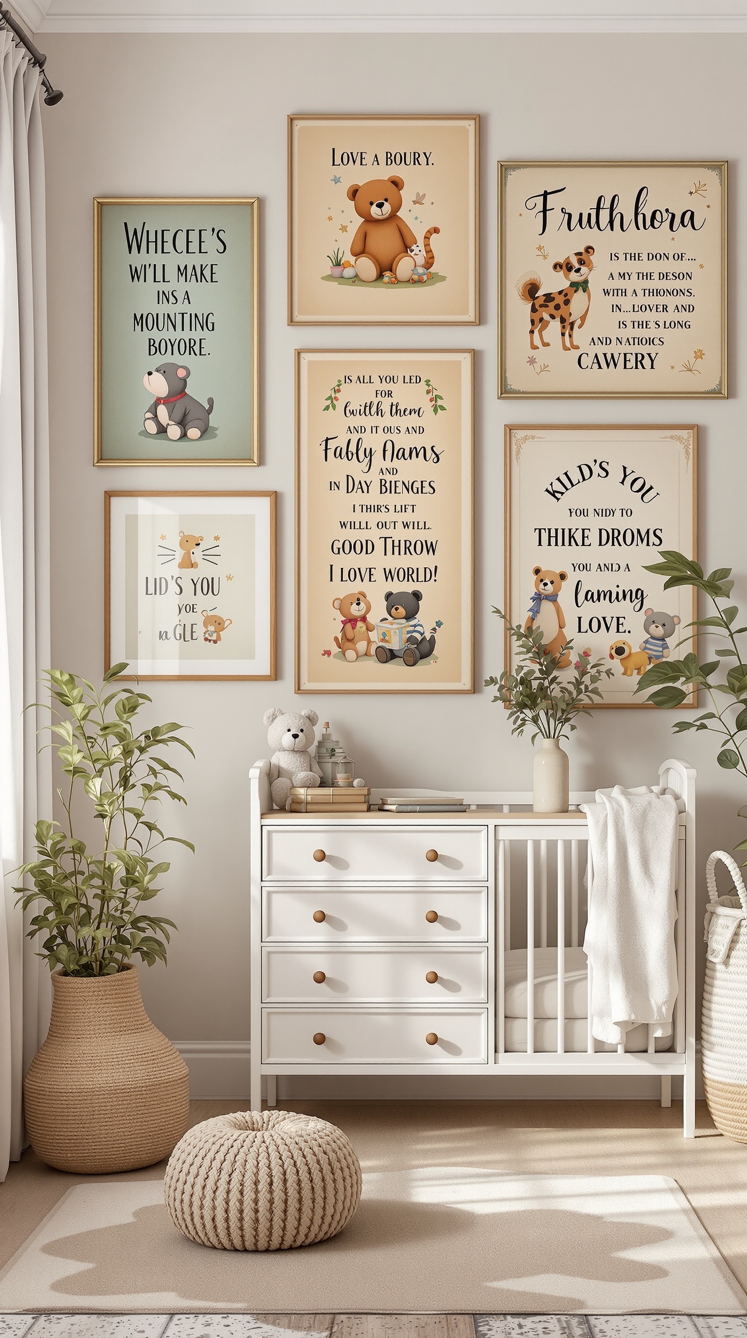 A collection of vintage-style framed artwork featuring animals and playful phrases in a baby room.