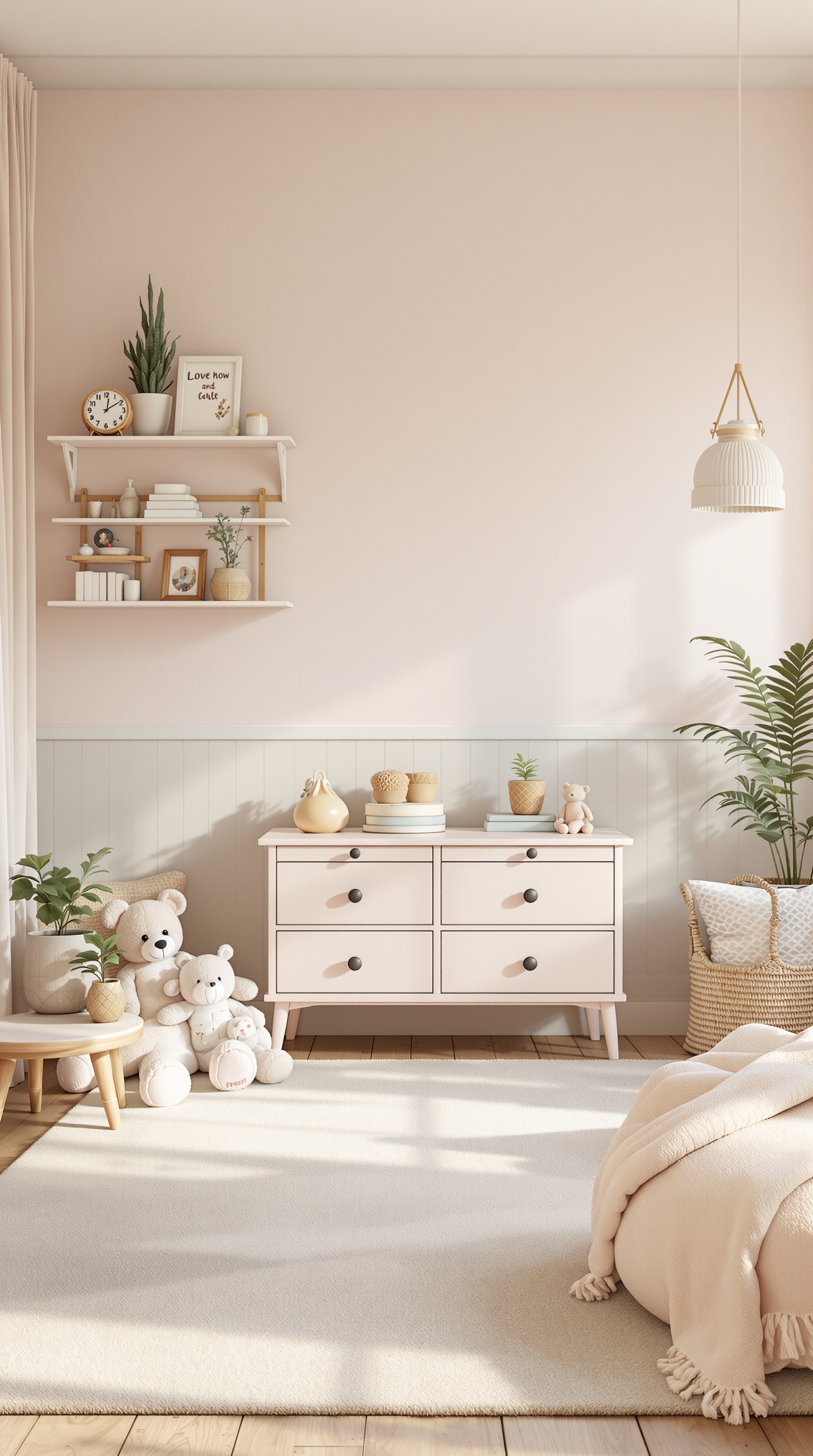 A vintage toddler room featuring soft pink walls, light wood furniture, and plush toys.