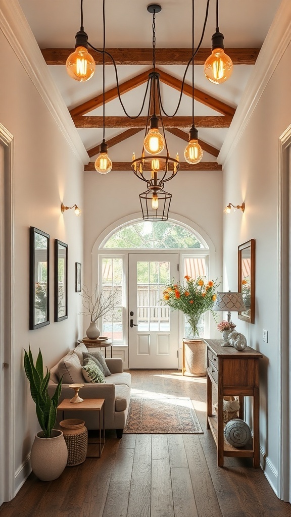 A rustic entryway with warm lighting, wooden beams, and cozy decor.